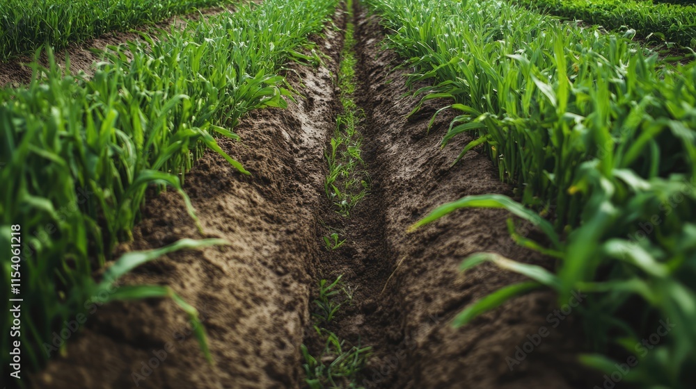 Obraz premium Row gap between plant beds showcasing healthy crops and rich soil in an agricultural field ready for cultivation and growth.