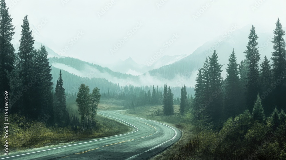 Misty winding road through evergreen trees with mountains in the background creating a serene nature landscape scene. Misty winding road through evergreen trees with mountains in the background creating a serene nature landscape scene.