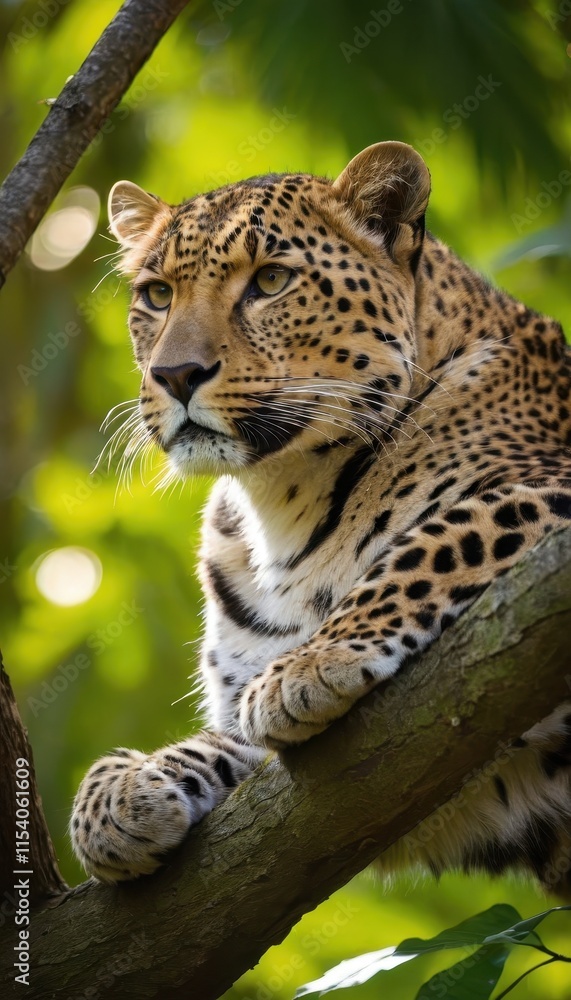 Naklejka premium Leopard reclining on a mossy branch amidst dense jungle foliage, its striking spots and relaxed posture embodying the wild beauty of nature