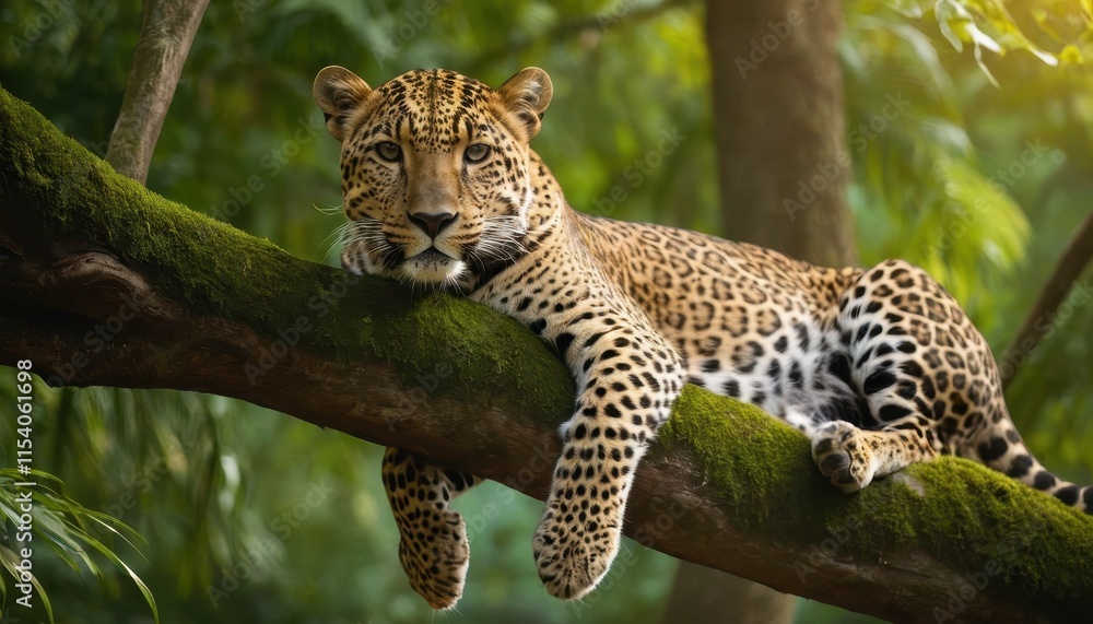 A graceful leopard resting on a moss-covered branch in a lush jungle, its piercing gaze and spotted coat blending beautifully with the serene natural surroundings A graceful leopard resting on a moss-covered branch in a lush jungle, its piercing gaze and spotted coat blending beautifully with the serene natural surroundings