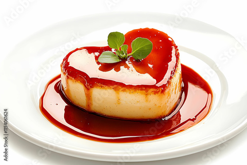 Heart-Shaped Flan Dessert Glazed with Caramel Sauce and Garnished with Fresh Mint Leaves on a White Plate
