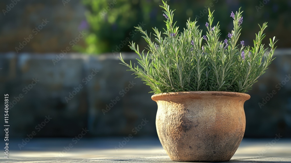 Rosemary Plant in a Rustic Pot with Lavender Blooms in a Serene Garden Setting Rosemary Plant in a Rustic Pot with Lavender Blooms in a Serene Garden Setting