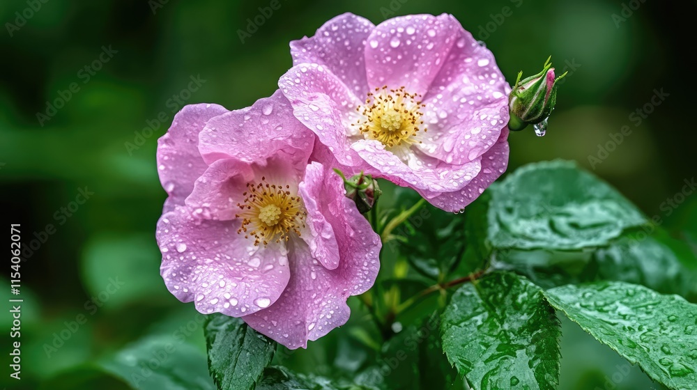 Close up of pink wild roses with water droplets on leaves after rainstorm showcasing the beauty of nature and refreshing ambiance