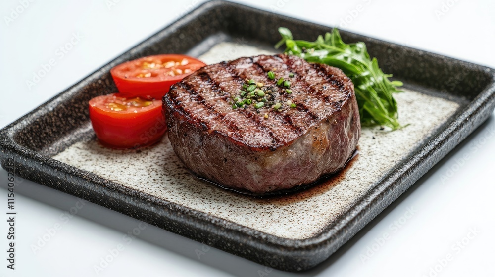 Grilled round steak garnished with cherry tomatoes and fresh greens on a speckled serving plate against a clean white background Grilled round steak garnished with cherry tomatoes and fresh greens on a speckled serving plate against a clean white background