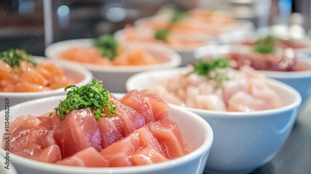 Assorted bowls of fresh raw tuna and salmon garnished with herbs on a stylish surface in a vibrant culinary setting Assorted bowls of fresh raw tuna and salmon garnished with herbs on a stylish surface in a vibrant culinary setting