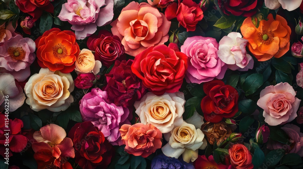 Vibrant bouquet of assorted roses blooming in a colorful garden setting showcasing rich textures and diverse floral hues. Vibrant bouquet of assorted roses blooming in a colorful garden setting showcasing rich textures and diverse floral hues.