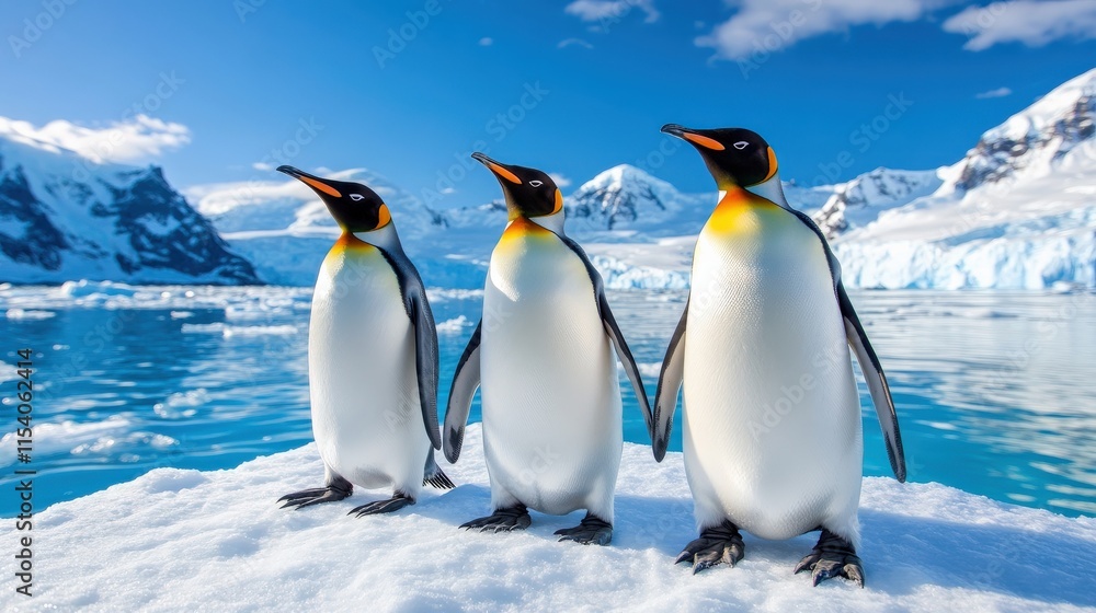 Fototapeta premium Three emperor penguins stand on an iceberg under a clear blue sky in Antarctica, showcasing their unique beauty.