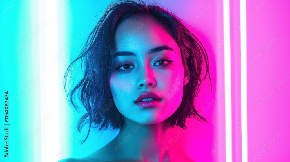 Naklejka premium Portrait of Young Woman with Bold Neon Lighting in Vibrant Colors