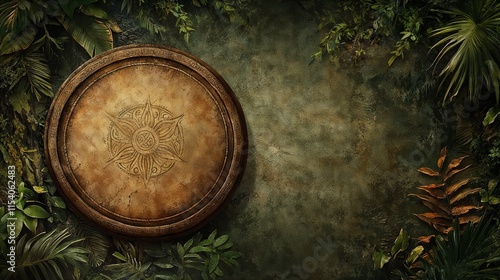 Yoruba wedding drum, traditional design, displayed against lush tropical foliage backdrop