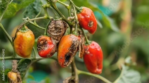 Rotten and decayed small red peppers on the plant showcasing agricultural deterioration and spoilage in a natural setting