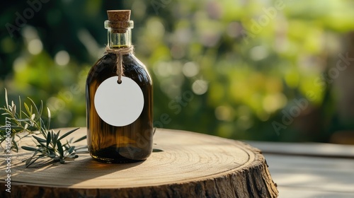 Round white tag mockup on ceramic olive oil bottle with wooden base for eco-friendly product packaging design template photo