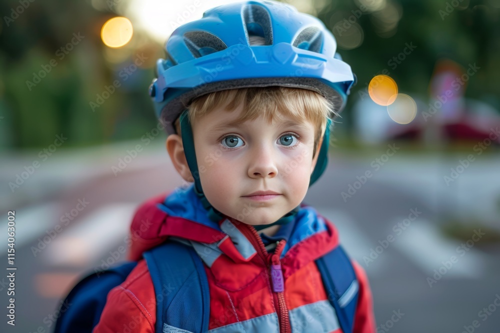 Safe Commute Young Boy with Helmet and Backpack at Pedestrian Crossing, Heading to School Safe Commute Young Boy with Helmet and Backpack at Pedestrian Crossing, Heading to School