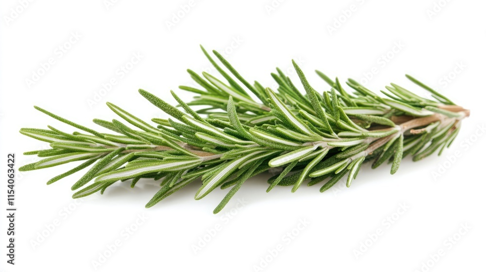 Fresh rosemary sprig isolated on white background showcasing its evergreen leaves and culinary uses in cooking and medicinal applications. Fresh rosemary sprig isolated on white background showcasing its evergreen leaves and culinary uses in cooking and medicinal applications.