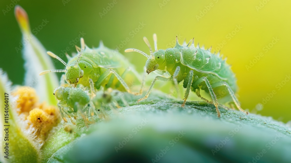 Fototapeta premium Close-up of green aphids feeding on plant leaves in a natural garden setting highlighting pest issues in horticulture.