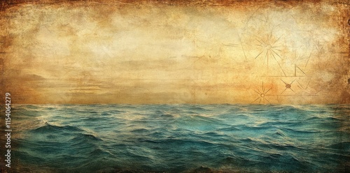 Aged Map Depicts Ocean Waves and Distant Shores