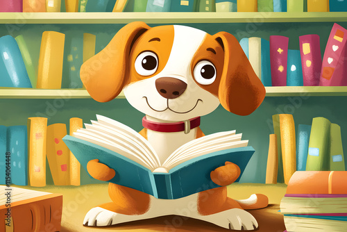 Cheerful cartoon dog reading a book in a colorful library, spreading joy and curiosity. Perfect for educational, kids' learning, and creative storytelling themes. photo