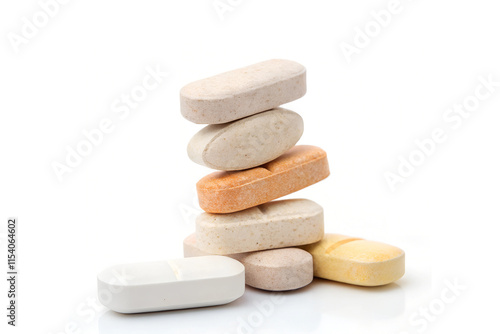 Colorful Assorted Tablets on White Background - Vibrant Medicine Stack photo