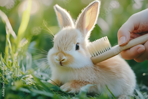 Bunny being gently brushed in a sunny grassy field, symbolizing care, love, and pet grooming. Perfect for pet, lifestyle, and nature content. photo