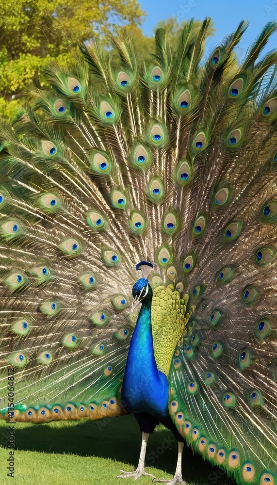 Fototapeta premium A dazzling peacock spreads its colorful fan of feathers, highlighting its natural elegance and the stunning details of its eye-catching plumage