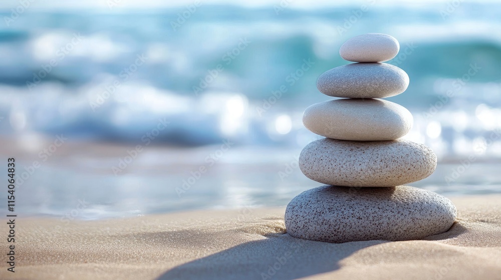 Fototapeta premium Stacked smooth stones on sandy beach with ocean waves in the background symbolizing tranquility and balance in nature's beauty.