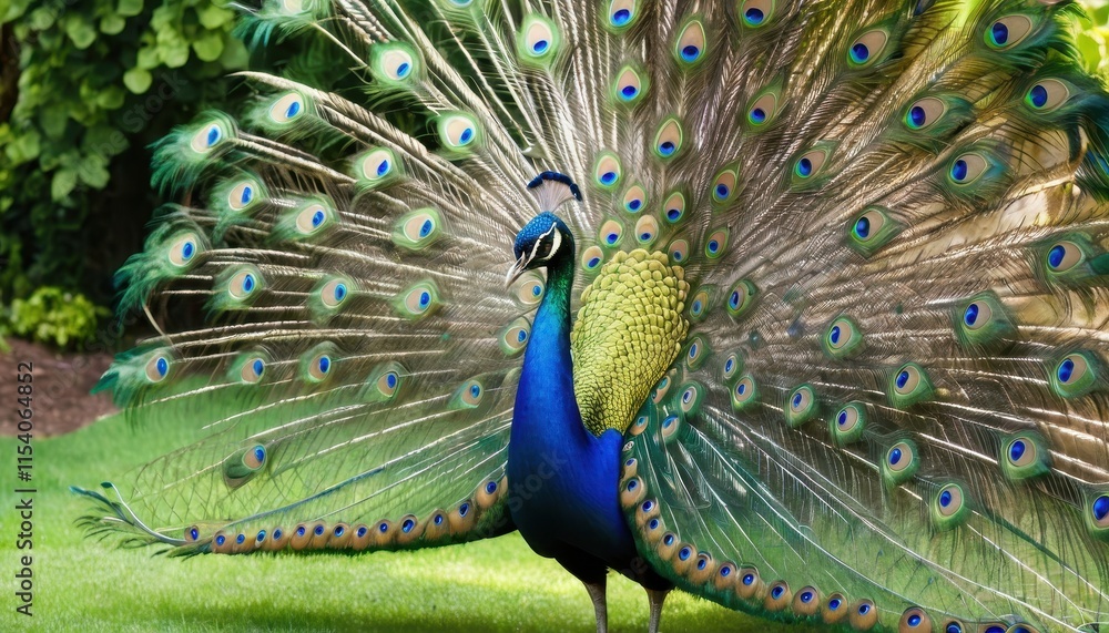 Obraz premium A majestic peacock displaying its vibrant, iridescent tail feathers in full bloom, showcasing the intricate eye-like patterns in a lush garden under a bright sky