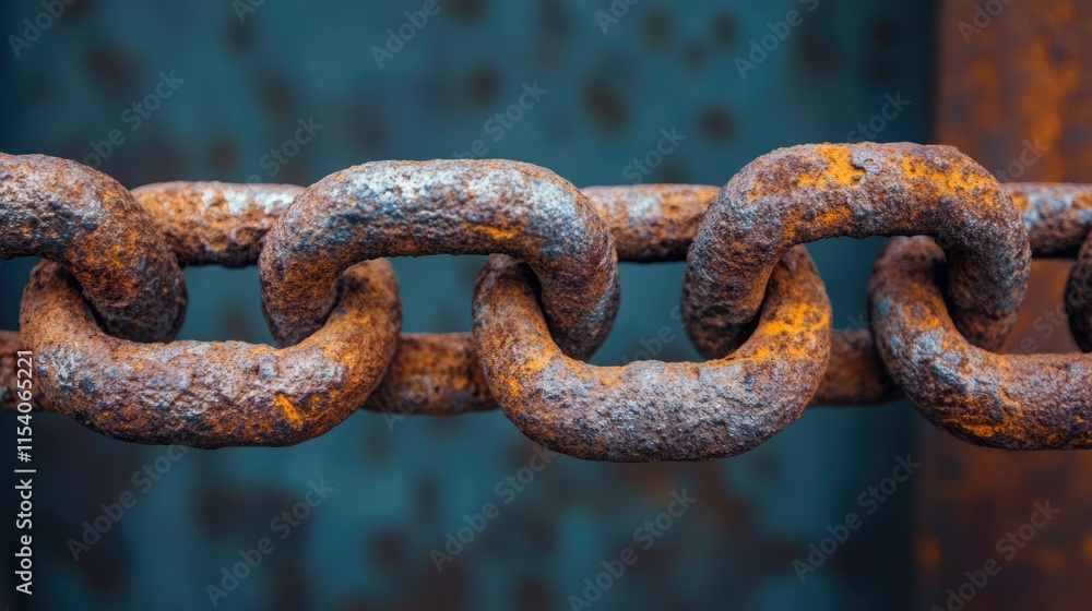 Rusty metal chain links against a weathered blue steel background showcasing texture and industrial aesthetics in a sturdy design. Rusty metal chain links against a weathered blue steel background showcasing texture and industrial aesthetics in a sturdy design.