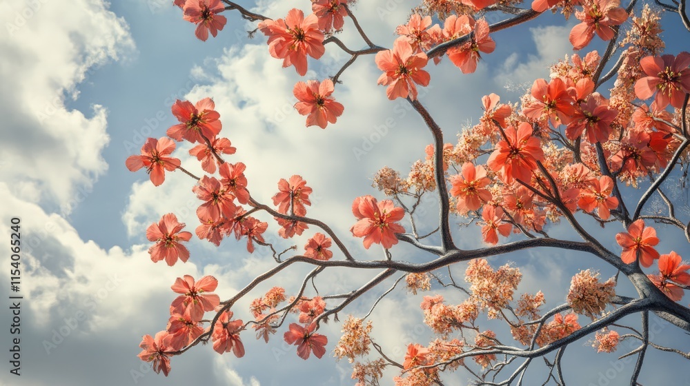 Red chestnut blossoms on a tree branch against a backdrop of blue sky and fluffy clouds, showcasing vibrant colors of spring foliage. Red chestnut blossoms on a tree branch against a backdrop of blue sky and fluffy clouds, showcasing vibrant colors of spring foliage.