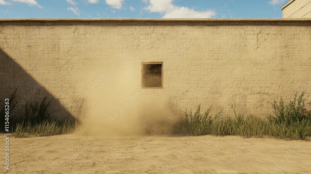 A dusty scene featuring a wall with a small window and surrounding grass in a dry environment. A dusty scene featuring a wall with a small window and surrounding grass in a dry environment.