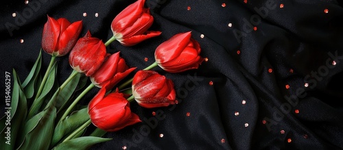 Vibrant red tulips elegantly arranged on luxurious black brocade fabric with sparkling embellishments for a striking visual contrast. photo