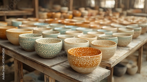 Ceramic studio featuring wheelthrown bowls intricate surface treatments created by layering glazes The pots are ready for a pit firing to reveal smoky natural surface effects photo