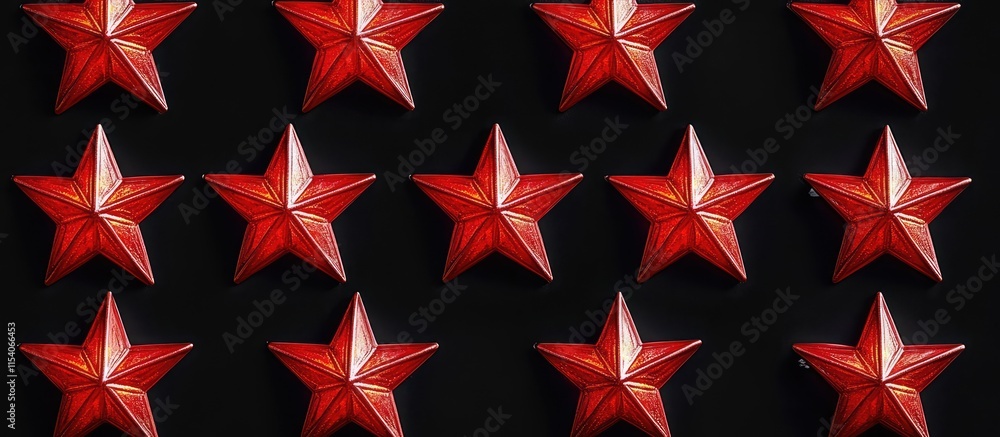 Obraz premium Red five pointed star lamps in uniform rows against a black background creating a striking decorative pattern.
