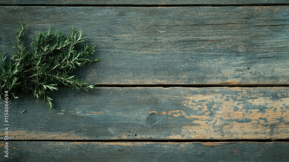 Fresh rosemary sprig resting on a weathered wooden table surface highlighting natural textures and rustic charm for culinary or decor use Fresh rosemary sprig resting on a weathered wooden table surface highlighting natural textures and rustic charm for culinary or decor use