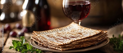 Jewish holiday matzo stacked on a plate accompanied by red wine symbolizing tradition and celebration of freedom and exodus from servitude