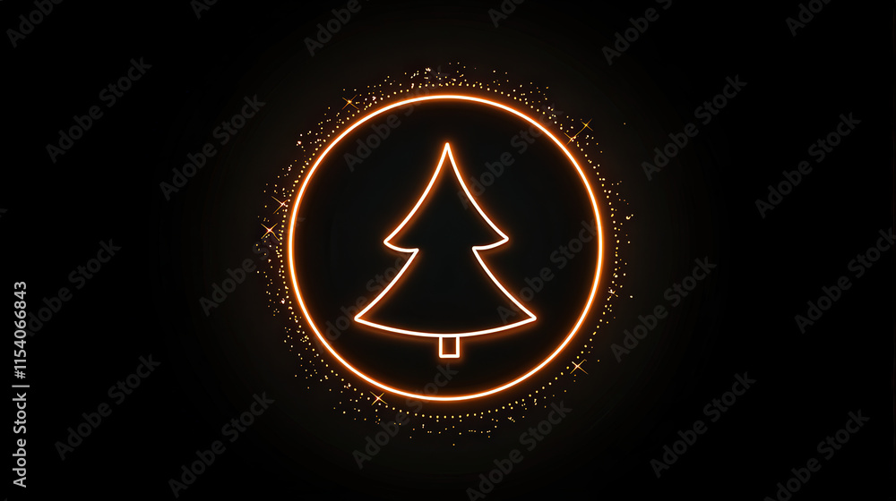 A glowing outline of a Christmas tree within a circular design, illuminated against a dark background, creating a festive ambiance.