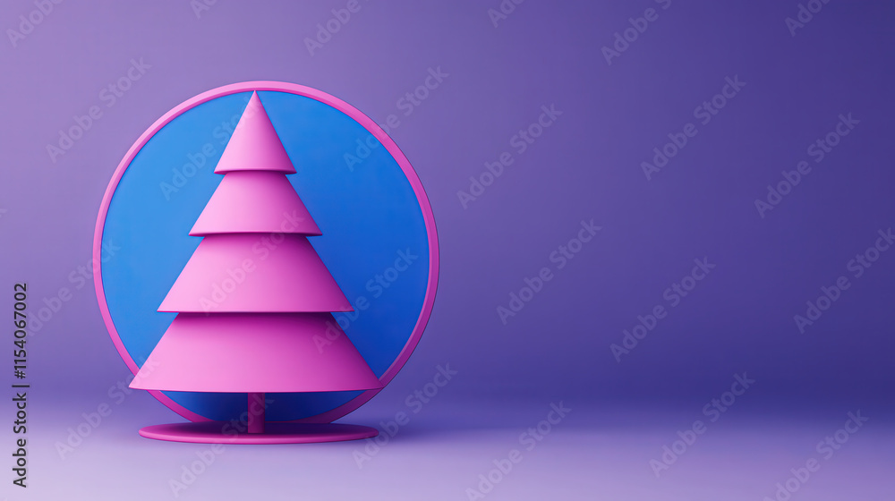A vibrant pink Christmas tree stands within a blue circular frame against a purple background, creating a modern and festive aesthetic. A vibrant pink Christmas tree stands within a blue circular frame against a purple background, creating a modern and festive aesthetic.