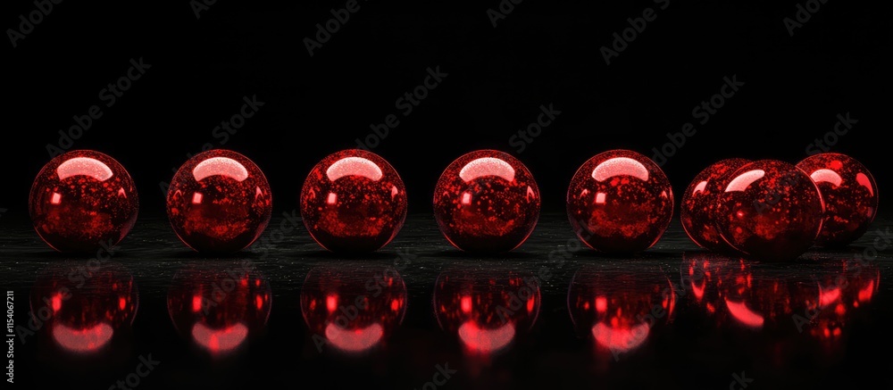 Glossy red Christmas balls arranged in a row reflecting against a dark background creating a festive and elegant atmosphere. Glossy red Christmas balls arranged in a row reflecting against a dark background creating a festive and elegant atmosphere.