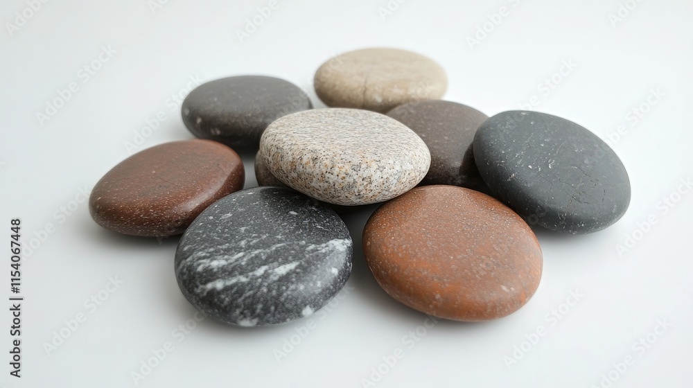 Smooth round pebble stones in various hues arranged artistically on a light background for landscaping or decorative purposes Smooth round pebble stones in various hues arranged artistically on a light background for landscaping or decorative purposes