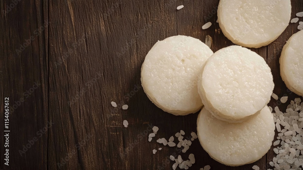 Round rice cakes arranged on rustic wooden table with scattered grains creating a natural and inviting food composition Round rice cakes arranged on rustic wooden table with scattered grains creating a natural and inviting food composition