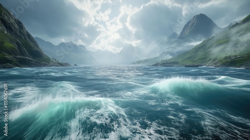 Dramatic landscape showcasing stormy ocean waves and a fast flowing river amidst misty mountains and a moody sky photo