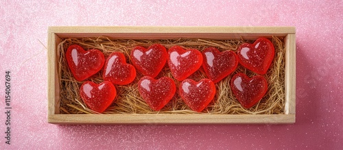 Red gummy candy hearts in a wooden crate filled with straw against a vibrant pink glitter background for romantic celebrations or events