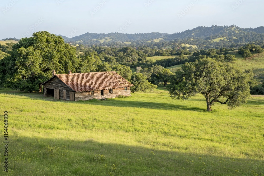 Serene Rural Landscape with Old Wooden Barn and Lush Meadow. Picturesque Countryside View with Rolling Hills and Majestic Trees. Serene Rural Landscape with Old Wooden Barn and Lush Meadow. Picturesque Countryside View with Rolling Hills and Majestic Trees.
