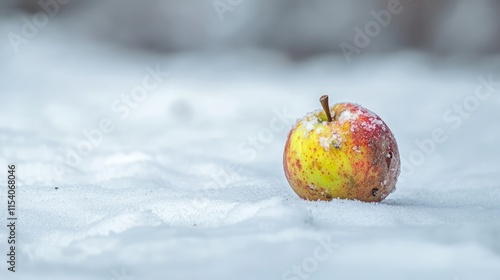 Fallen decomposed apple resting on pristine snow surface in tranquil winter landscape