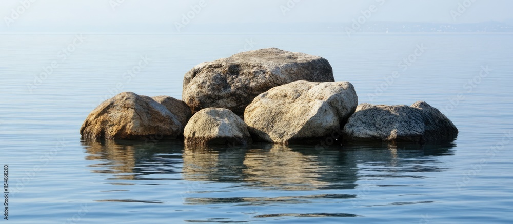 Tranquil rocky outcrop in calm ocean waters creating a serene coastal landscape scene Tranquil rocky outcrop in calm ocean waters creating a serene coastal landscape scene