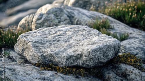 Gray rough stone surface with natural textures and moss in a rocky environment, ideal for backgrounds or nature-themed designs.