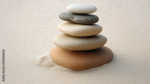 Smooth round stones stacked harmoniously on soft sandy beach showcasing natural mineral variety and oceanic influence