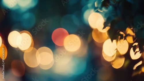 Blurred bright glowing lights of district in megapolis under dusk sky in evening on blurred background