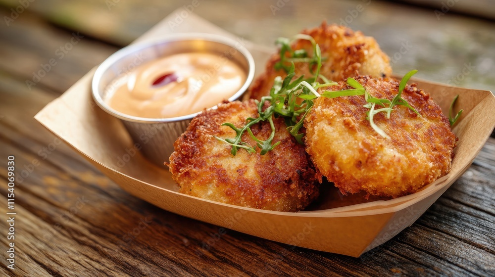 Crispy Fried Fishcakes with Aioli Sauce Served on Rustic Wood Background in Boat-Shaped Paper Plate Crispy Fried Fishcakes with Aioli Sauce Served on Rustic Wood Background in Boat-Shaped Paper Plate