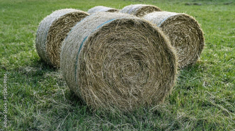 Round hay bales on a grassy field ready for cattle feeding after the harvest season showcasing rural agricultural practices. Round hay bales on a grassy field ready for cattle feeding after the harvest season showcasing rural agricultural practices.
