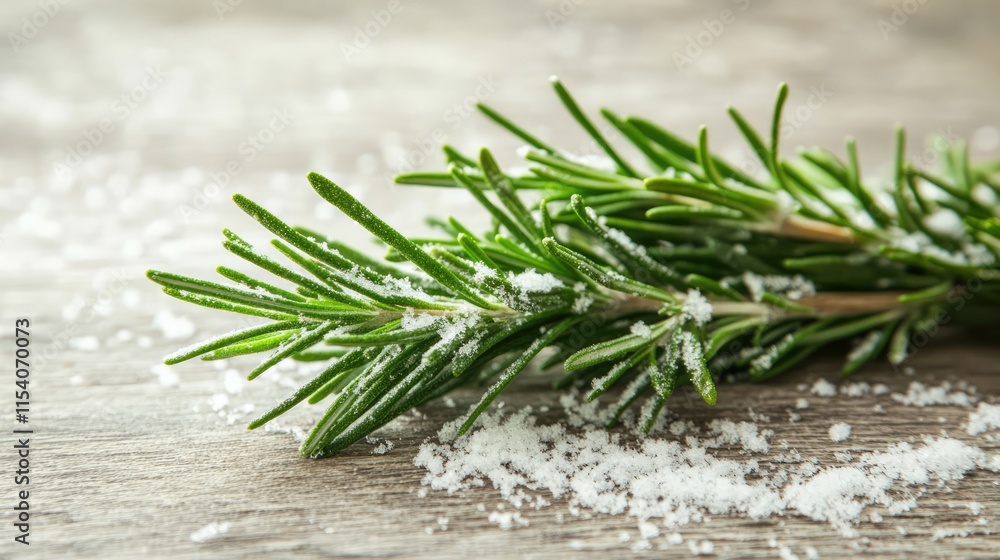 Rosemary herb sprig dusted with snow on a wooden surface showcasing winter garden beauty and culinary potential Rosemary herb sprig dusted with snow on a wooden surface showcasing winter garden beauty and culinary potential