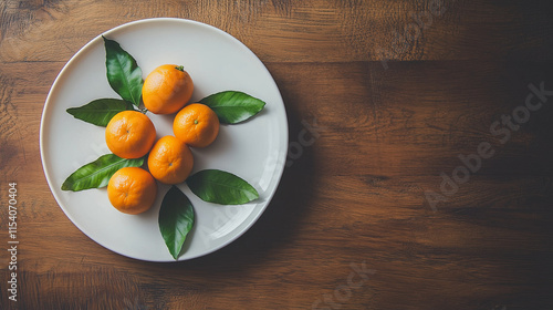 Mandarynki symbolizujące Boże Narodzenie, ułożone na talerzu w stylowym układzie z g&oacute;ry, z drewnianym tłem i wolnym obszarem na napis lub projekt graficzny.